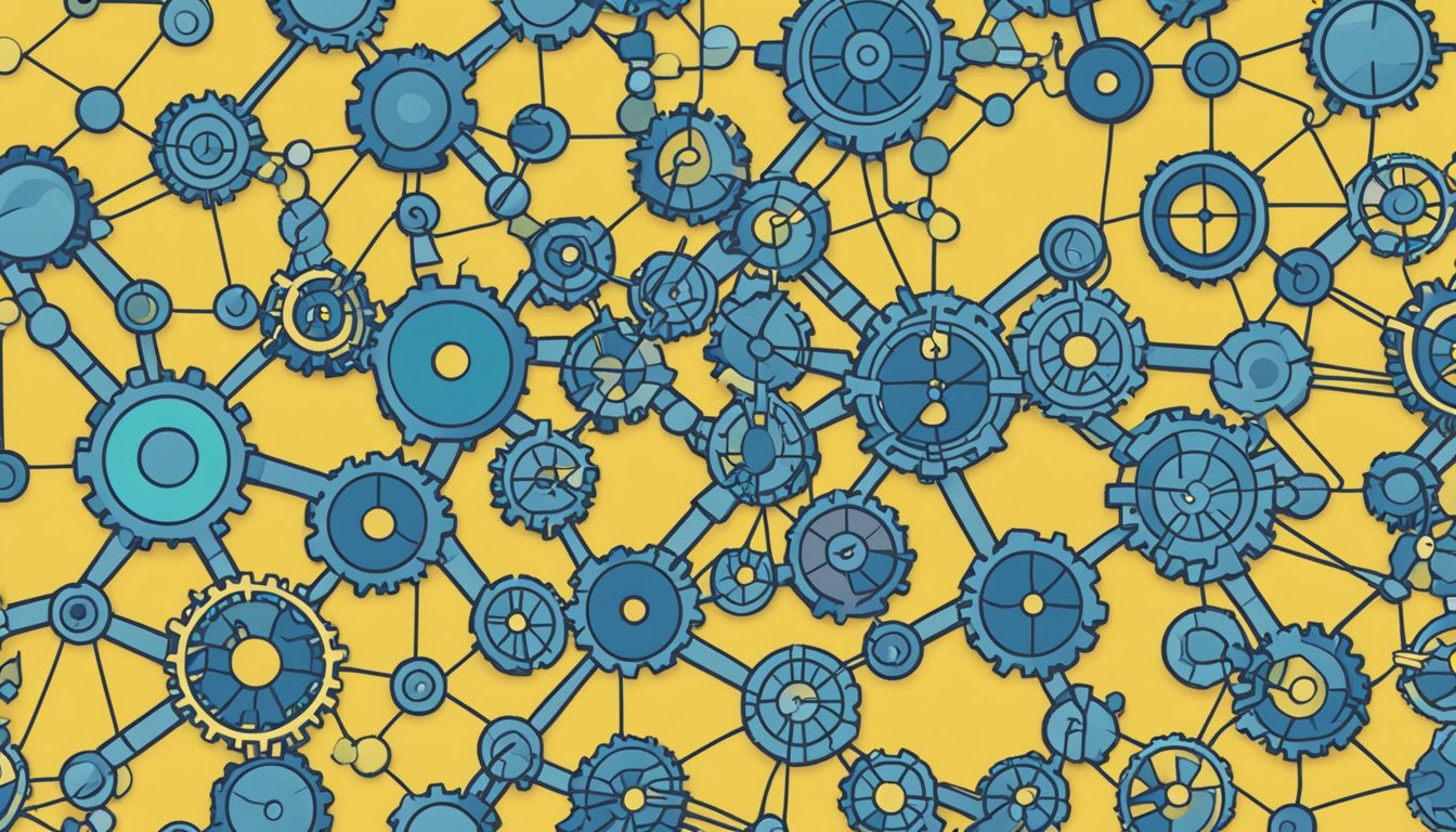 A network of interconnected gears symbolizing systems, while scattered
and unattainable targets represent
goals