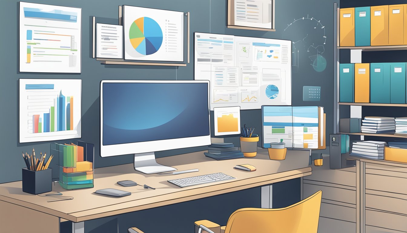A sleek, modern desk with neatly organized folders and a motivational
poster. A computer screen displays a detailed personal system
flowchart