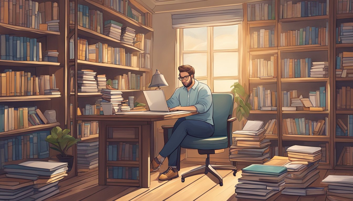 A person surrounded by books, with a laptop and notepad, engaged in
self-study. The room is well-lit, with a cozy and focused
atmosphere