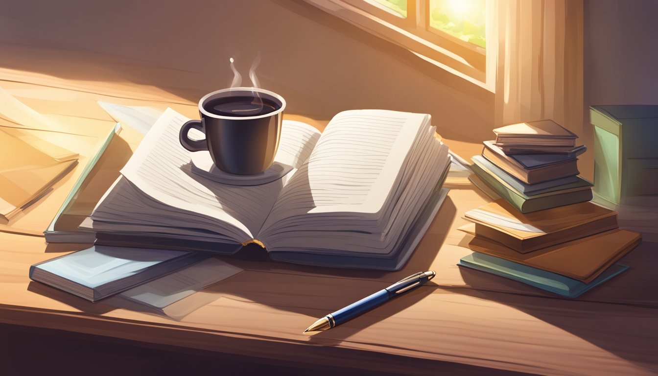 A desk with open journal, pen, and a stack of books. A beam of light
illuminates the journal, symbolizing personal growth and
development