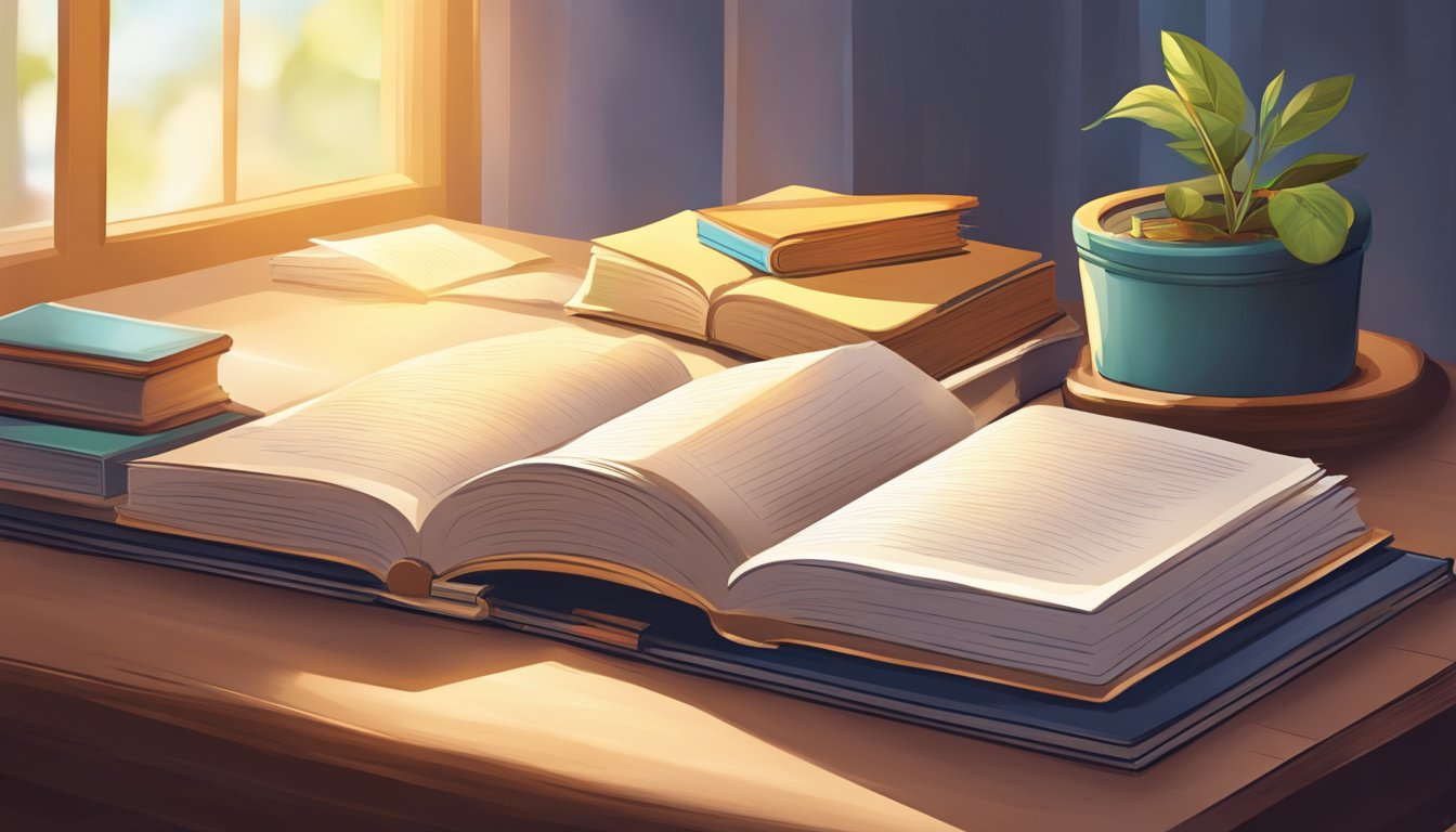 A desk with an open journal, pen, and a stack of books. A beam of
light illuminates the journal, symbolizing personal growth and
learning