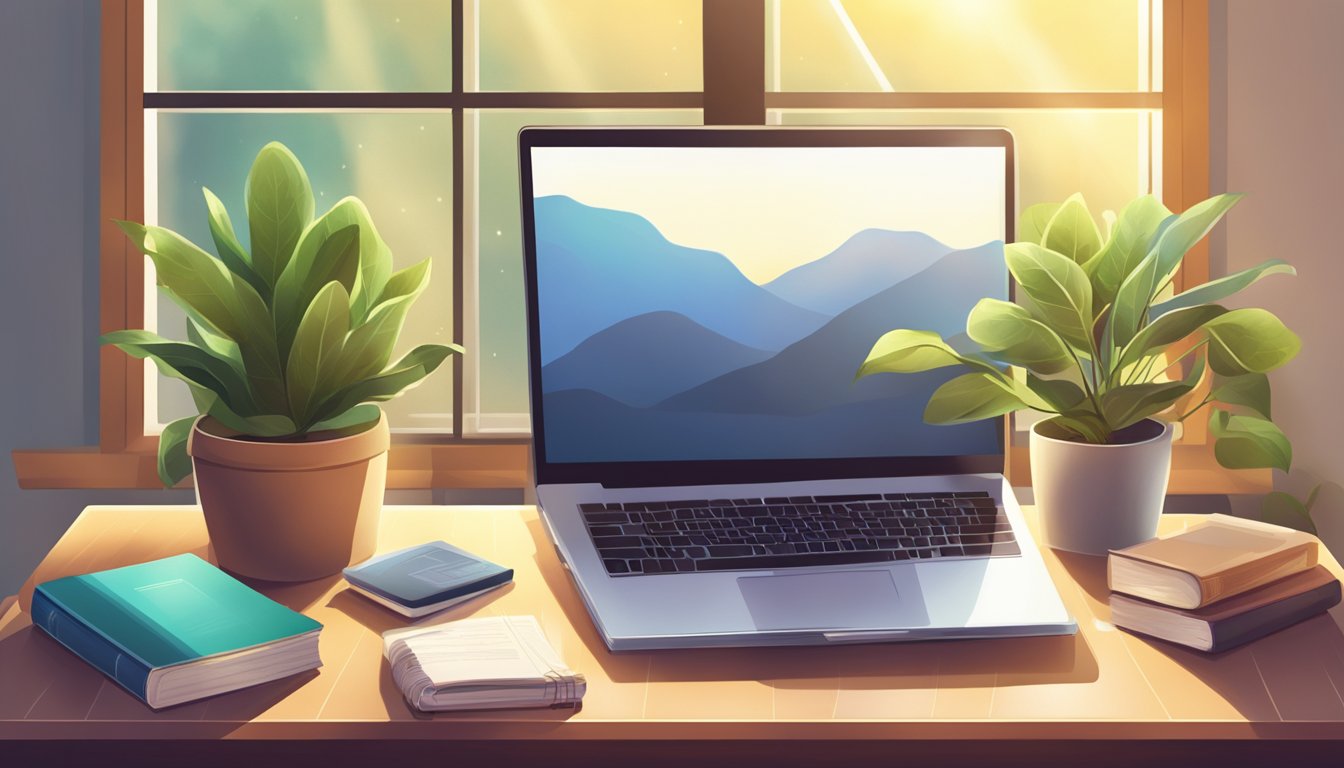 A desk with a laptop, notebook, and pen. A stack of books and a potted
plant in the background. Light streaming in from a nearby
window