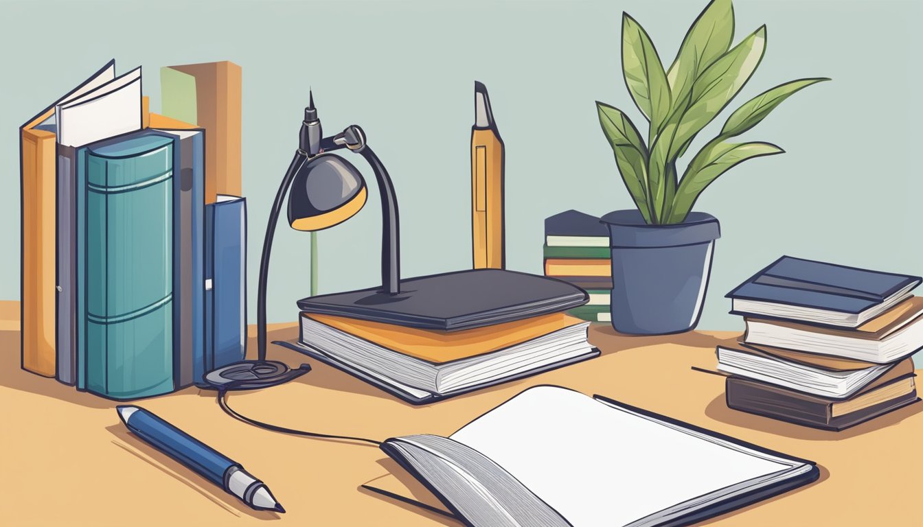 A journal on a desk, surrounded by books and a pen. A path of
obstacles leads to the journal, symbolizing the challenges of personal
development