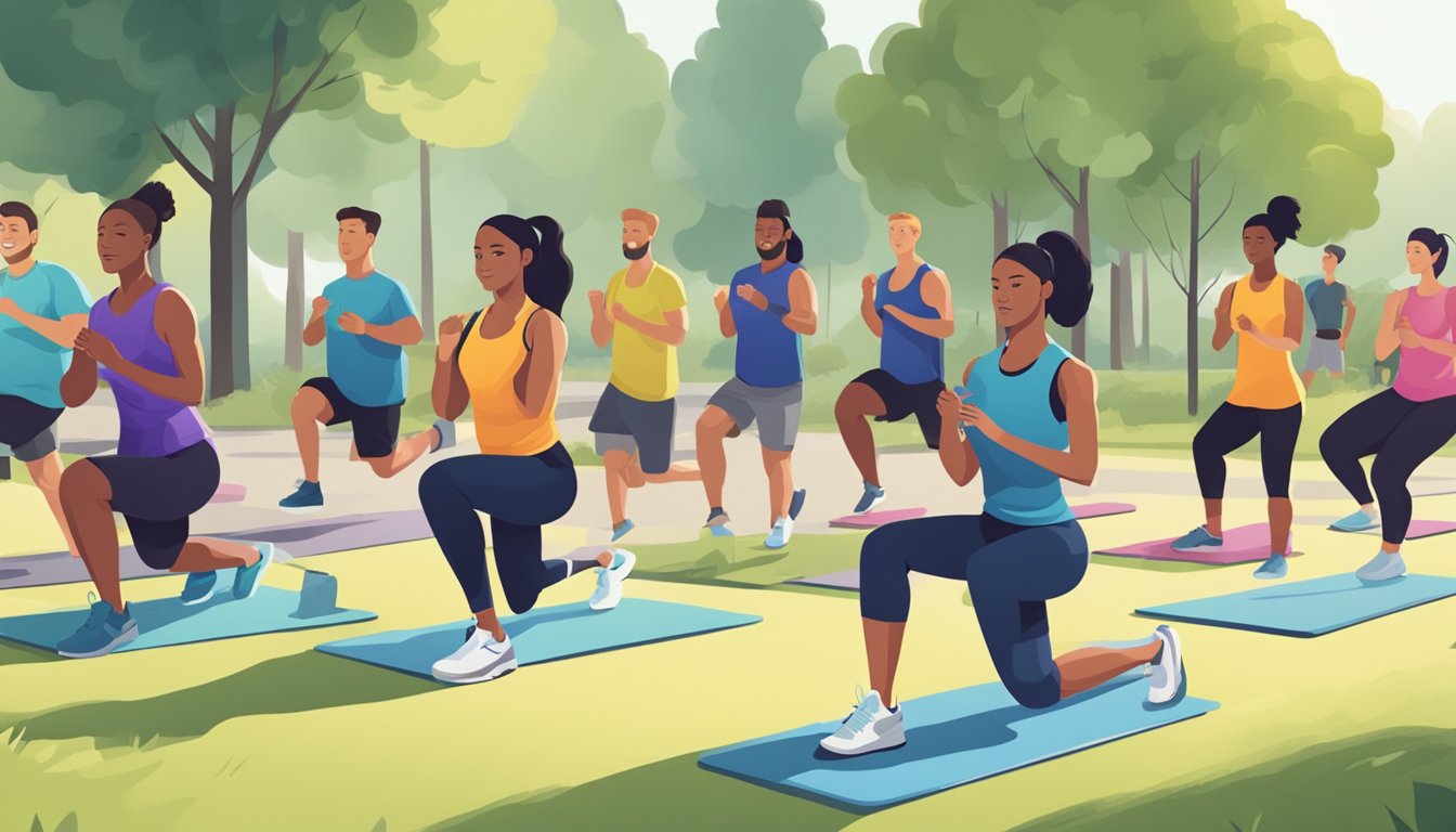 A group of people engage in outdoor fitness activities while listening
to an instructor teach them about proper form and
technique