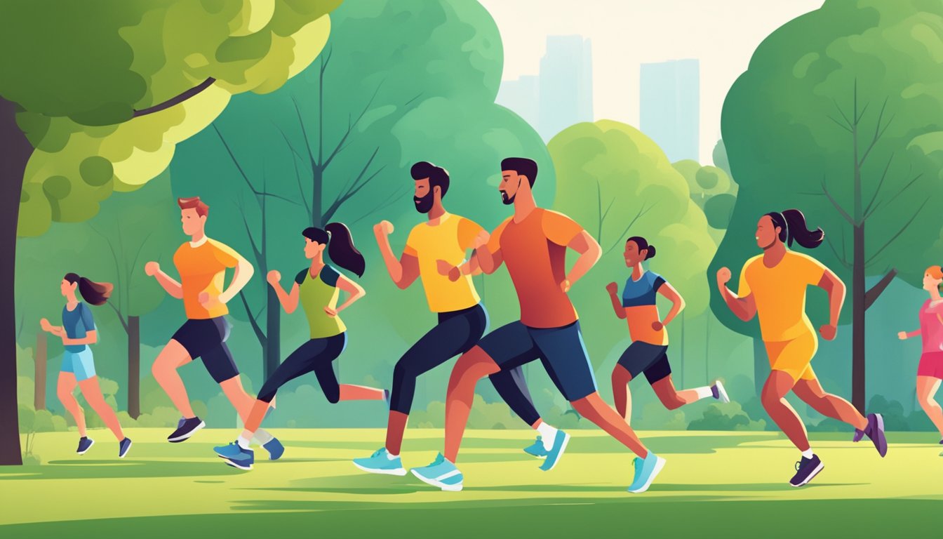 A group of people engaged in various fitness activities in a park,
surrounded by trees and nature. An instructor leads the group in
exercises, while others are seen running, jumping, and lifting
weights