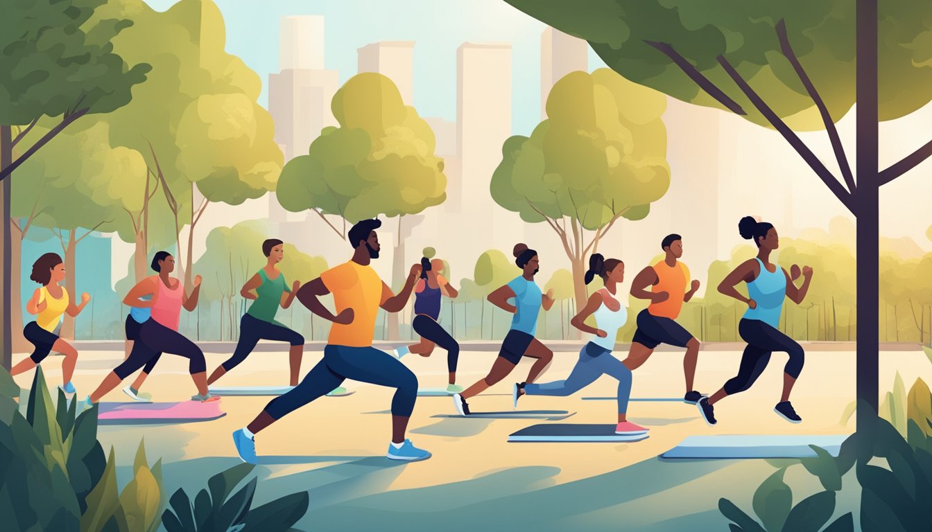A group of people engage in various fitness activities in an outdoor
setting. They are seen doing exercises such as push-ups, squats, and
jumping jacks, while also learning about the benefits of physical
training