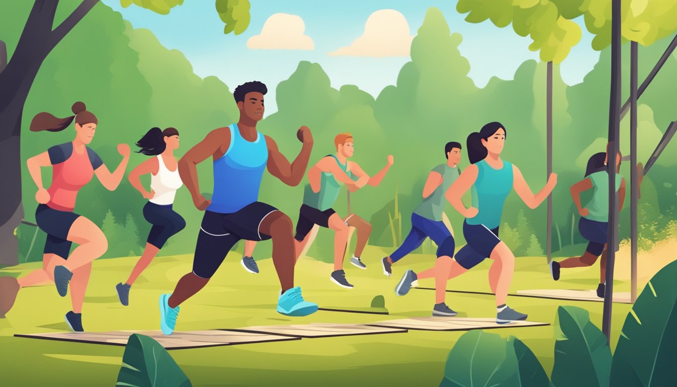 A group of individuals conquering obstacles in an outdoor fitness
bootcamp, surrounded by nature and engaged in physical and mental
training