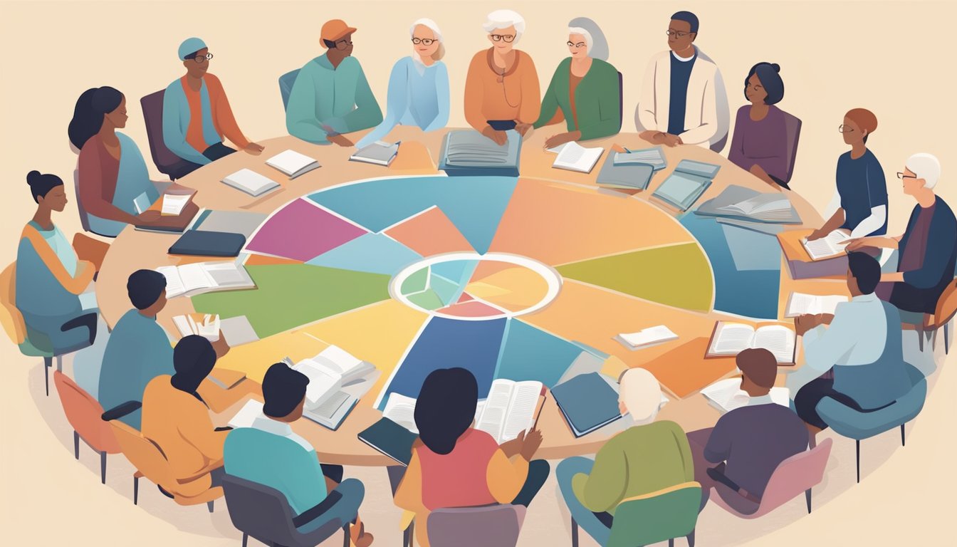 Adults in a circle, sharing knowledge and experiences. Engaged in
conversation, learning from each other. Books and resources scattered
around