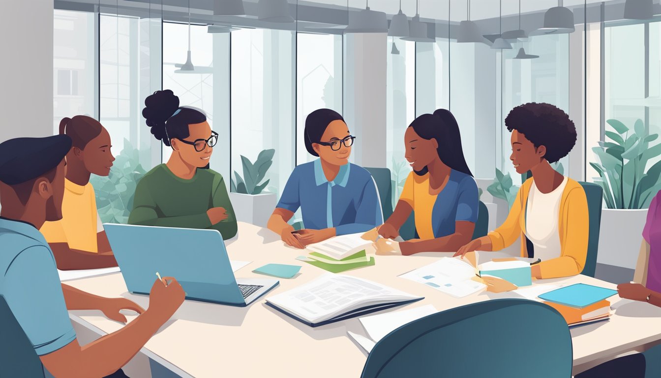 A group of individuals engage in collaborative learning, sharing
knowledge and skills in a supportive
environment