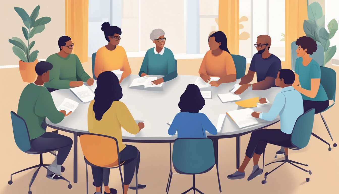 Adult learners engage in peer-to-peer discussions, sharing knowledge
and experiences. A diverse group collaborates, forming a supportive
learning
community