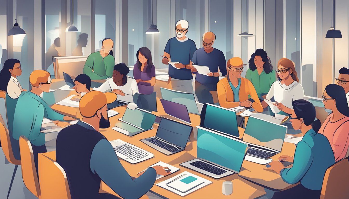 A diverse group of adults engage in collaborative learning, sharing
knowledge and skills in a modern, technology-enabled
environment