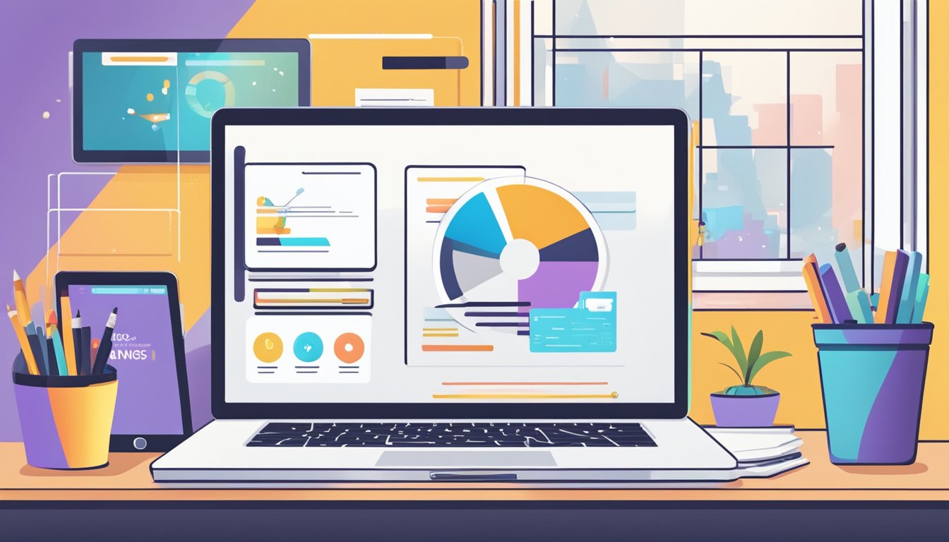 A laptop and tablet sit on a desk, displaying various online business
and entrepreneurship course platforms. A bright, modern workspace with
motivational quotes on the
wall