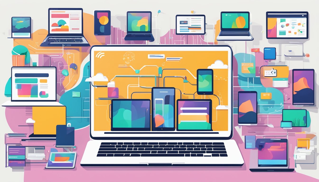 Entrepreneurship platforms showcased with vibrant logos and engaging
course titles, surrounded by a digital landscape of laptops and mobile
devices