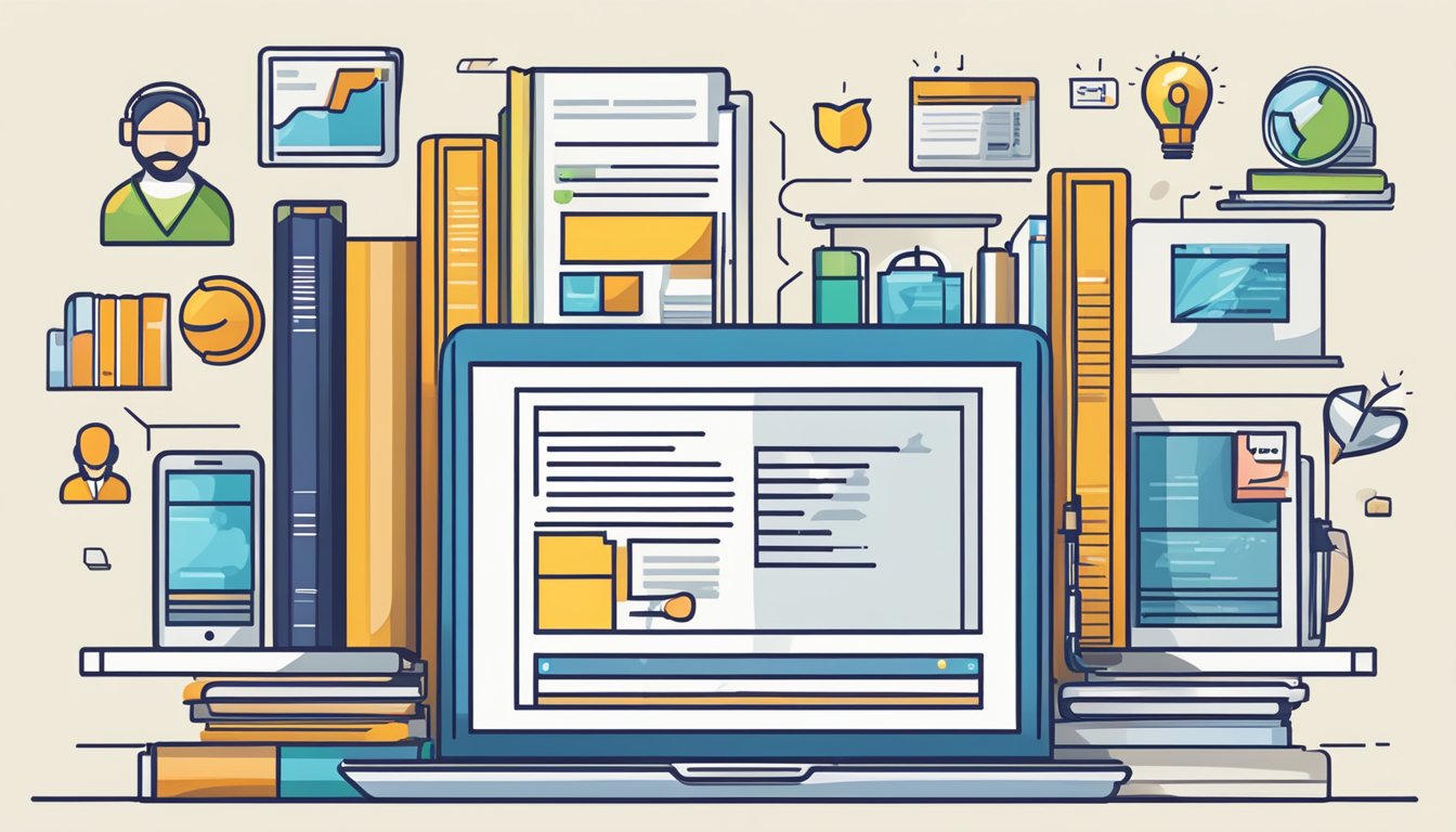 Entrepreneurship education: laptop, books, and online course
platforms. Symbols of business growth and
success