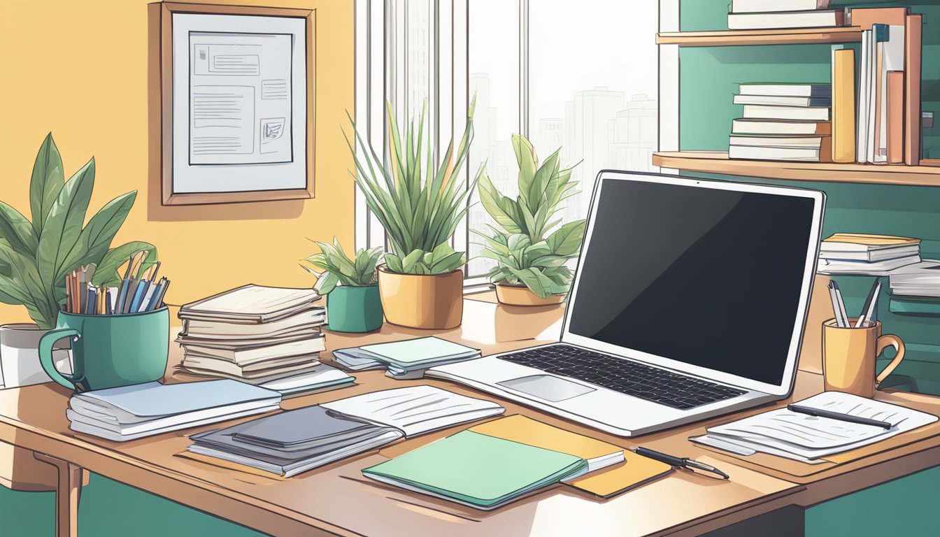 A laptop open on a desk, surrounded by books and notes. A bright,
modern workspace with a comfortable chair and natural
lighting