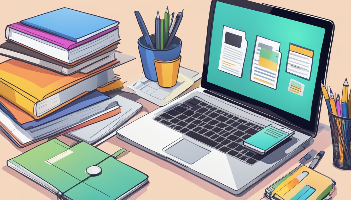 An open laptop displaying various online business and entrepreneurship
platforms with a stack of books and a pen
nearby