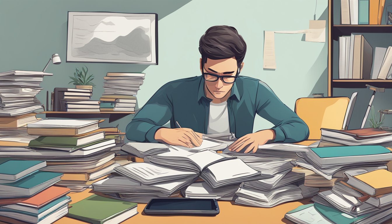 A cluttered desk with multiple open books, papers, and electronic
devices. A person appears overwhelmed and stressed, struggling to focus
on the task at
hand