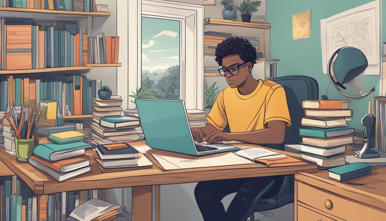 A cluttered desk with books, a laptop, and a phone. A student appears
distracted, trying to juggle multiple tasks at
once