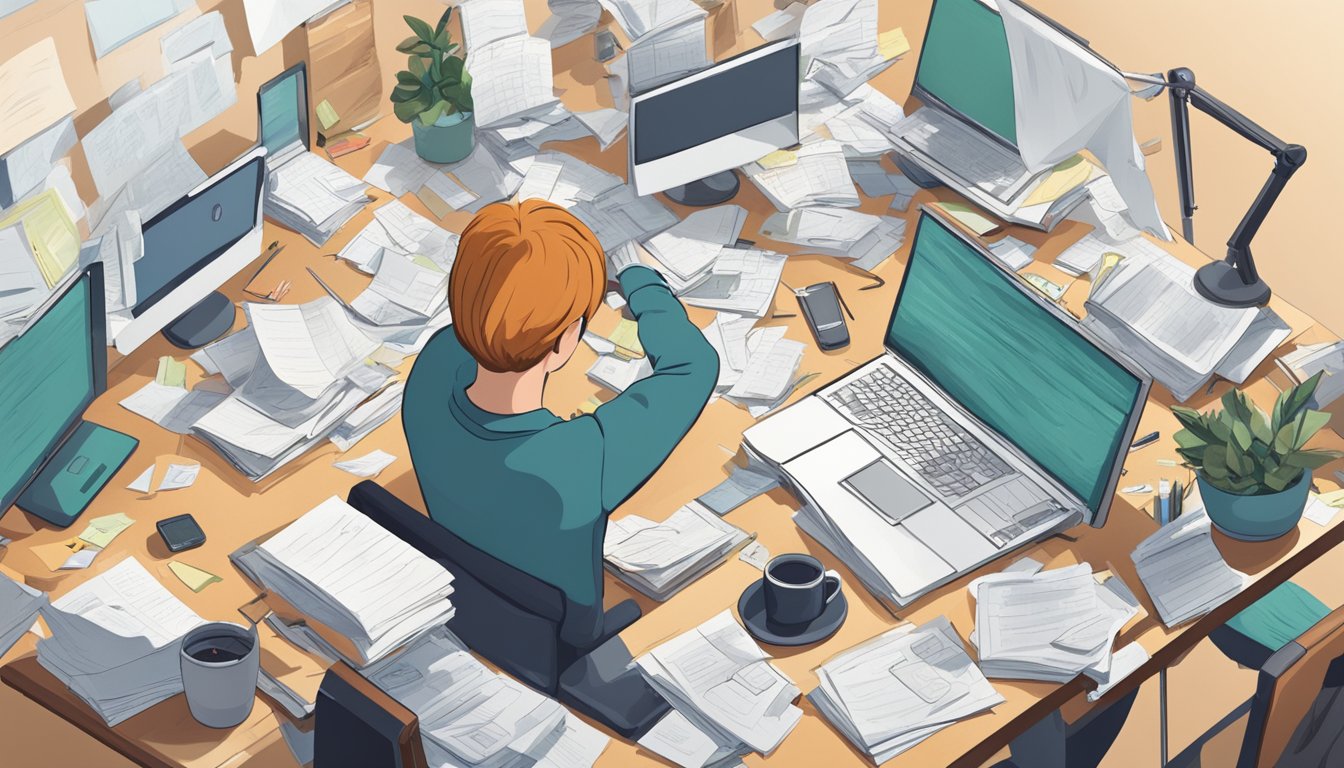 A cluttered desk with multiple open screens, papers, and scattered
notes. A person appears overwhelmed, trying to focus on multiple tasks
at
once