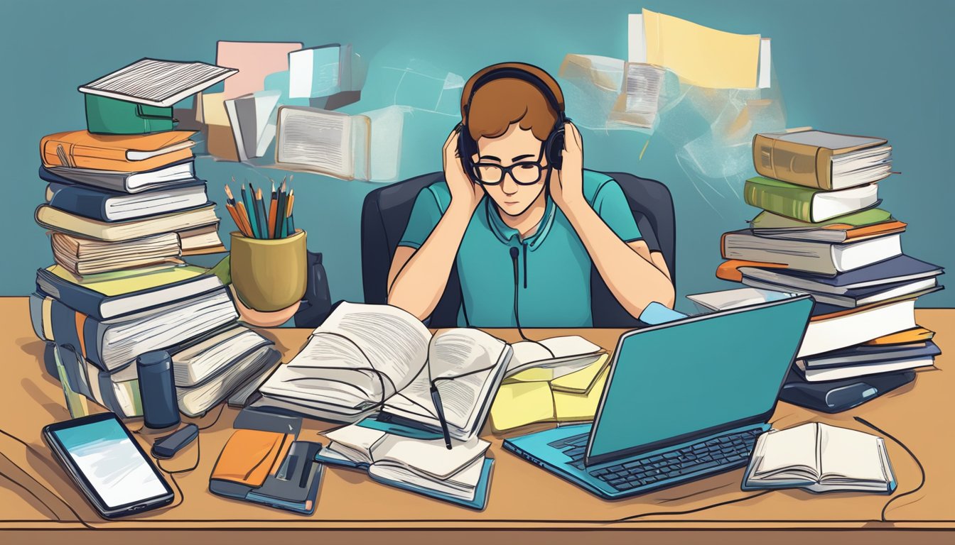 A cluttered desk with textbooks, a laptop, and a phone. A student
looks overwhelmed, trying to focus on multiple tasks at
once