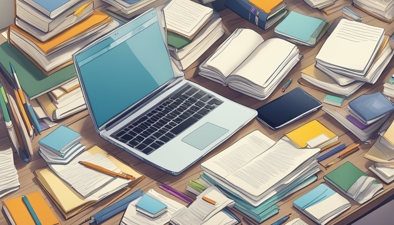 A cluttered desk with multiple open textbooks, a laptop, and a
smartphone, surrounded by scattered notes and unfinished
assignments