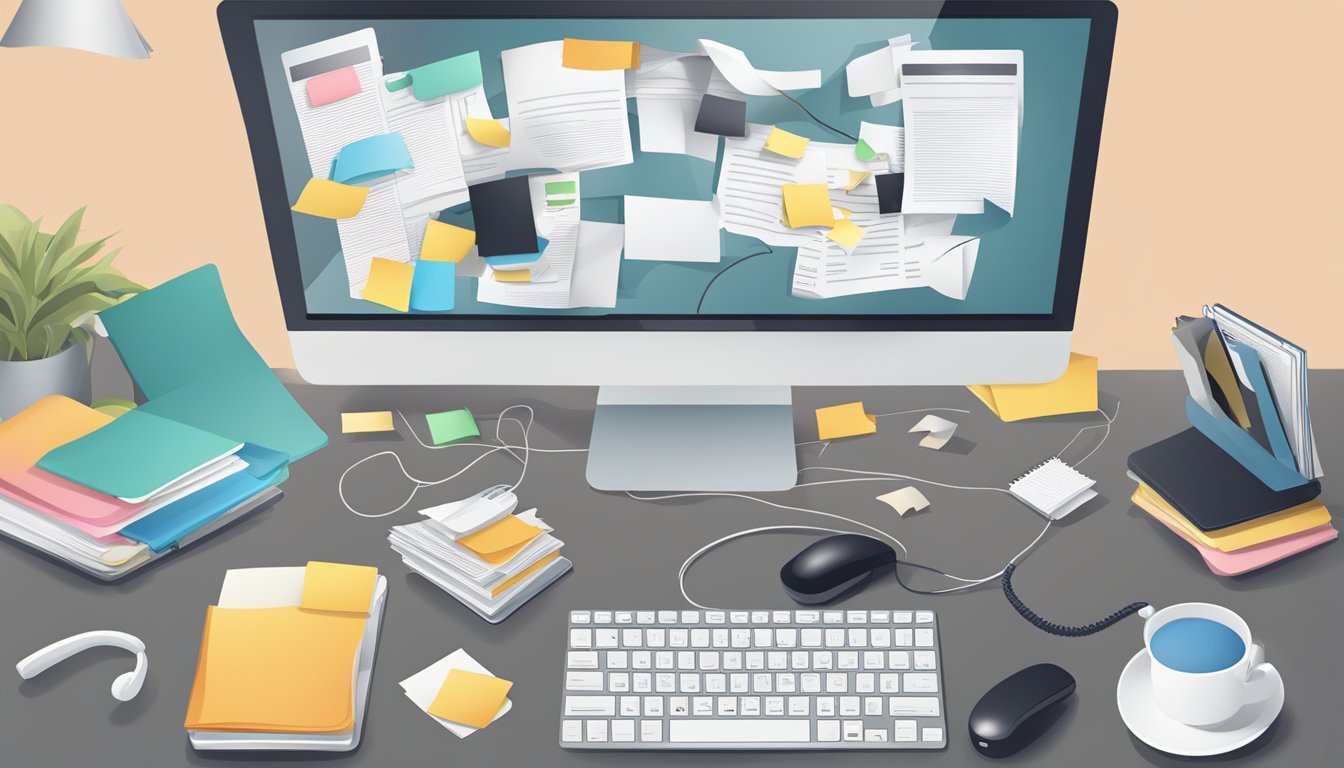 A cluttered desk with multiple open tabs on a computer screen, a
ringing phone, and scattered
papers
