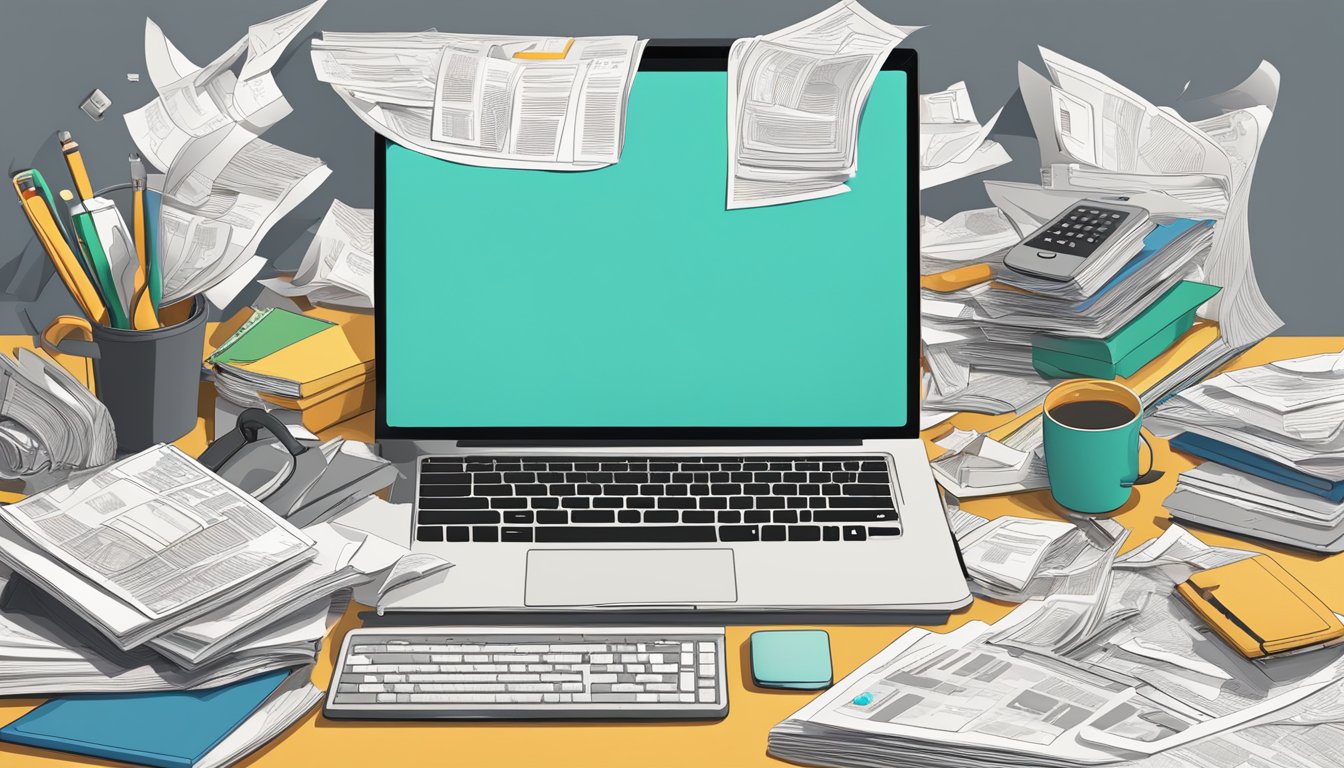 A cluttered desk with multiple open tabs on a computer screen, a
ringing phone, and scattered papers, depicting the chaos of
multitasking