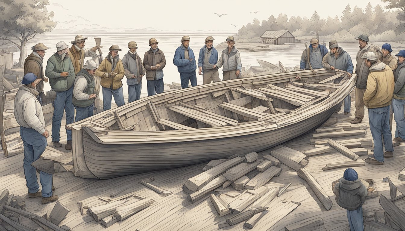 A group of men gather around a rough sketch of a boat, discussing and
gesturing excitedly. Nearby, a pile of freshly cut wood and tools lay
ready for
use