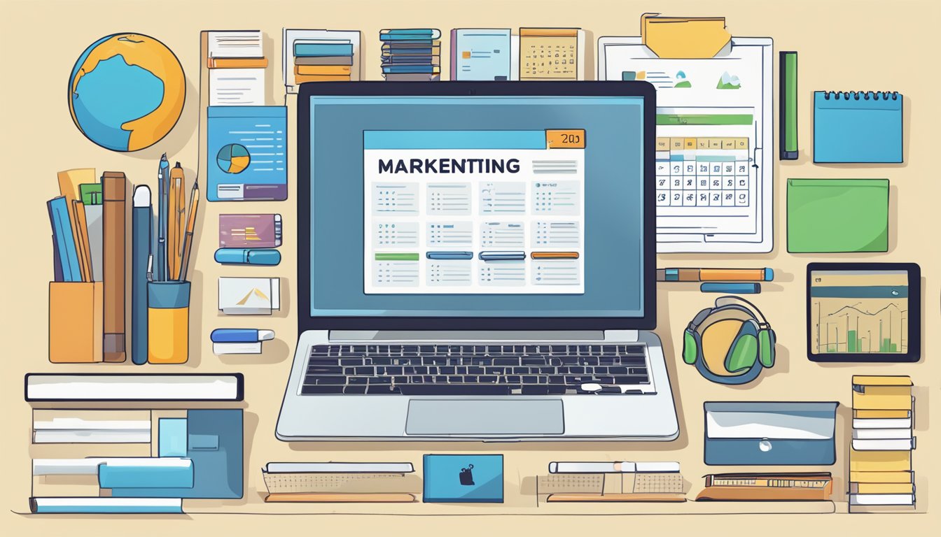 A laptop with a digital marketing book open, surrounded by various
marketing tools and resources. A calendar with “One Week”
highlighted
