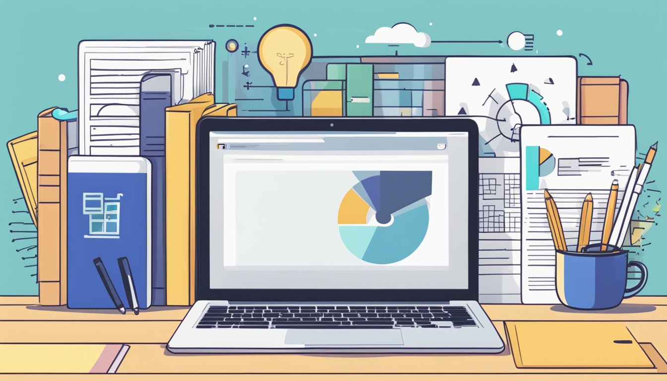 A laptop displaying digital marketing fundamentals, surrounded by
books and a notebook with
notes