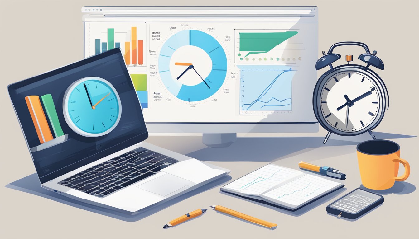 A desk with a laptop, notebook, and pen. A whiteboard with digital
marketing concepts. A clock showing one week’s
time