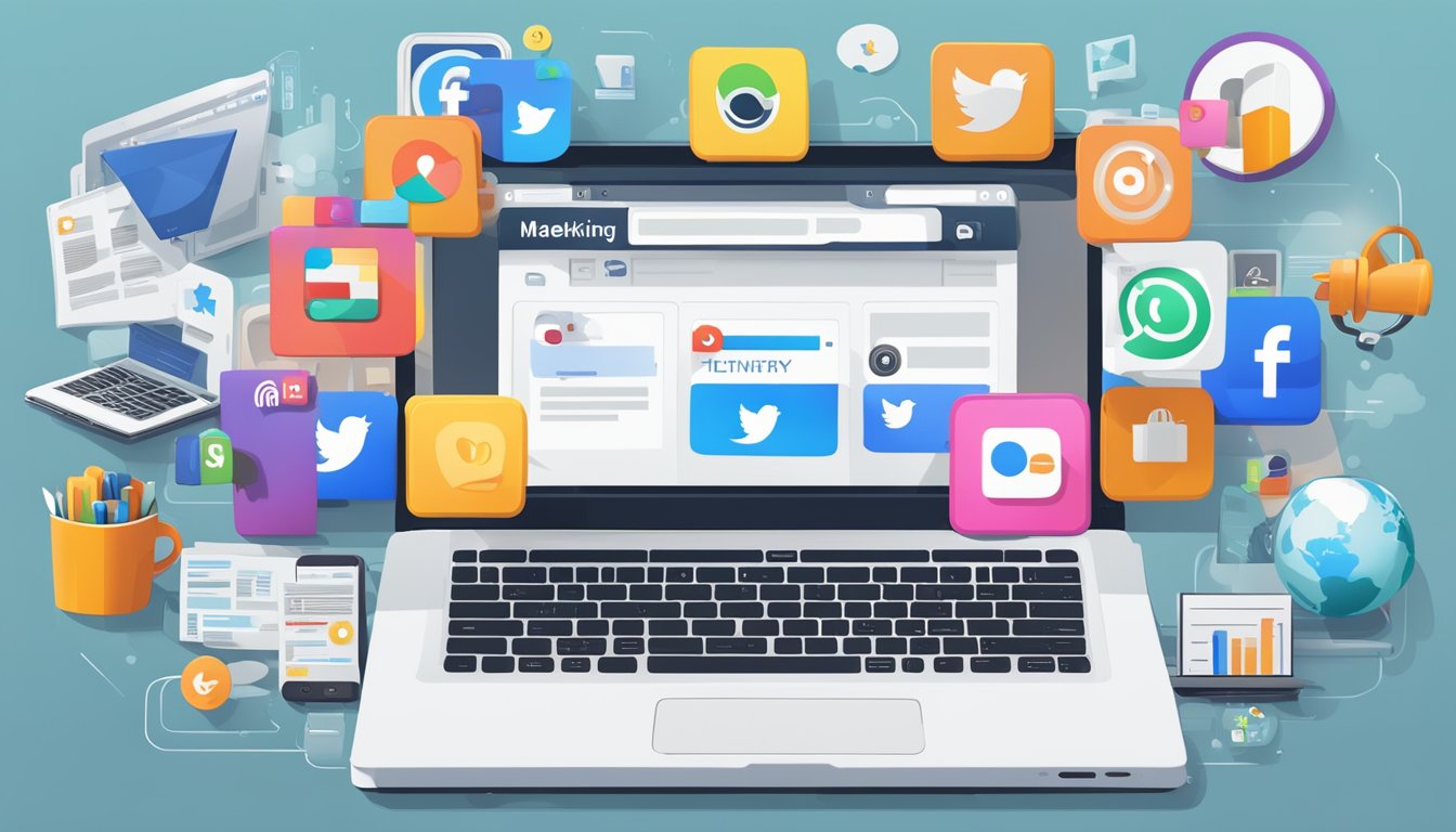 A laptop displaying various social media platforms with icons and
logos, surrounded by marketing books and a calendar with “Digital
Marketing” written on
it