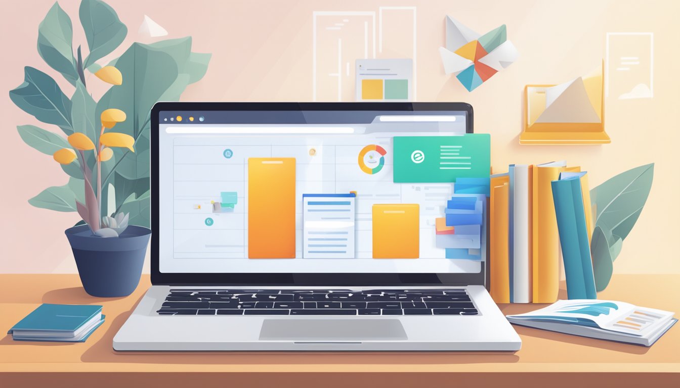 A laptop displaying an email marketing software dashboard with various
campaign analytics and a stack of digital marketing books in the
background