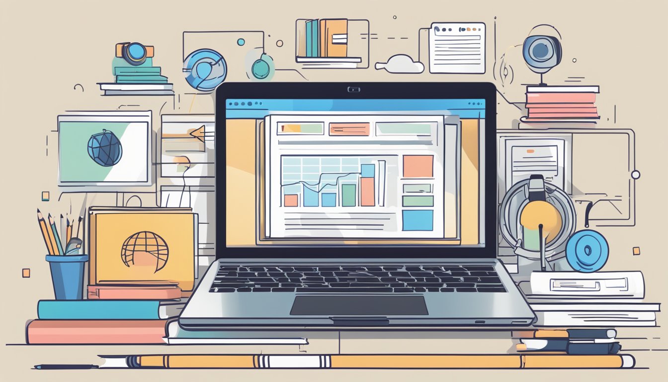 A laptop displaying a video with marketing content, surrounded by
digital marketing books and a calendar marked “One
Week.”