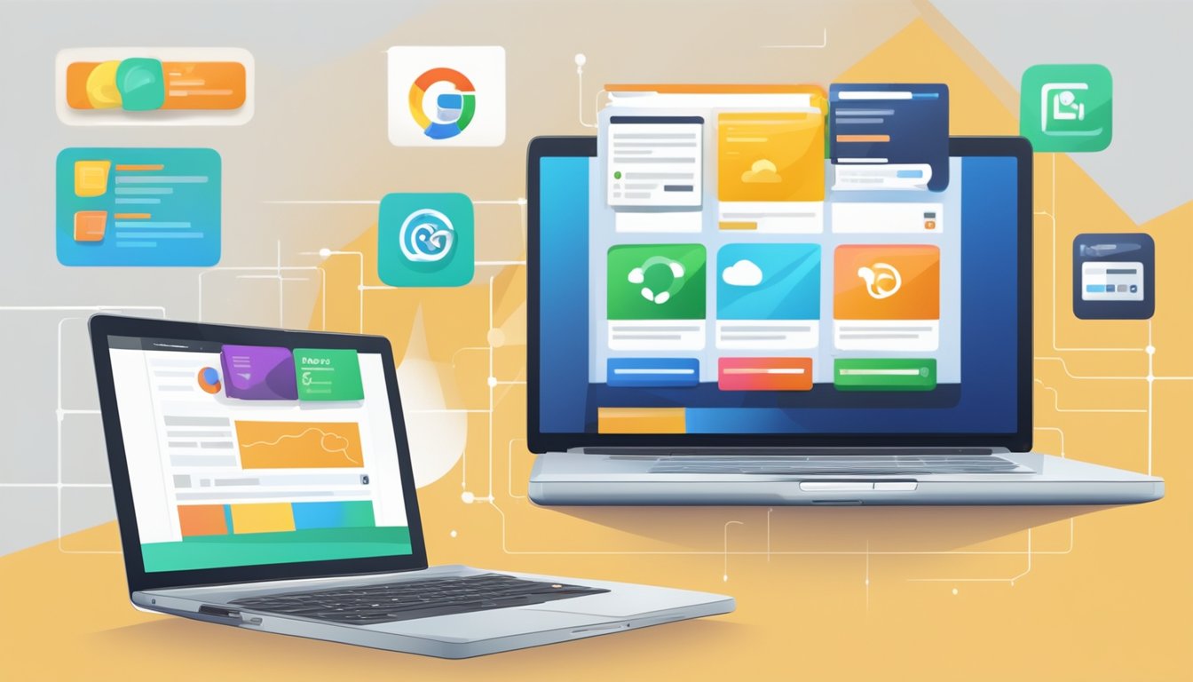 A laptop displaying a website with products, while a smartphone shows
targeted ads. Digital marketing logos in the
background