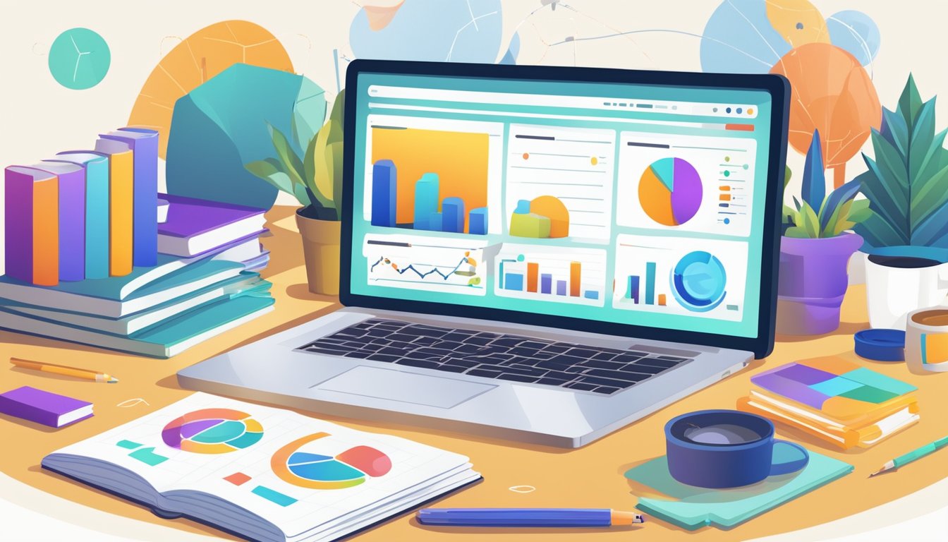 A laptop displaying digital marketing data with charts and graphs,
surrounded by books on digital marketing
fundamentals