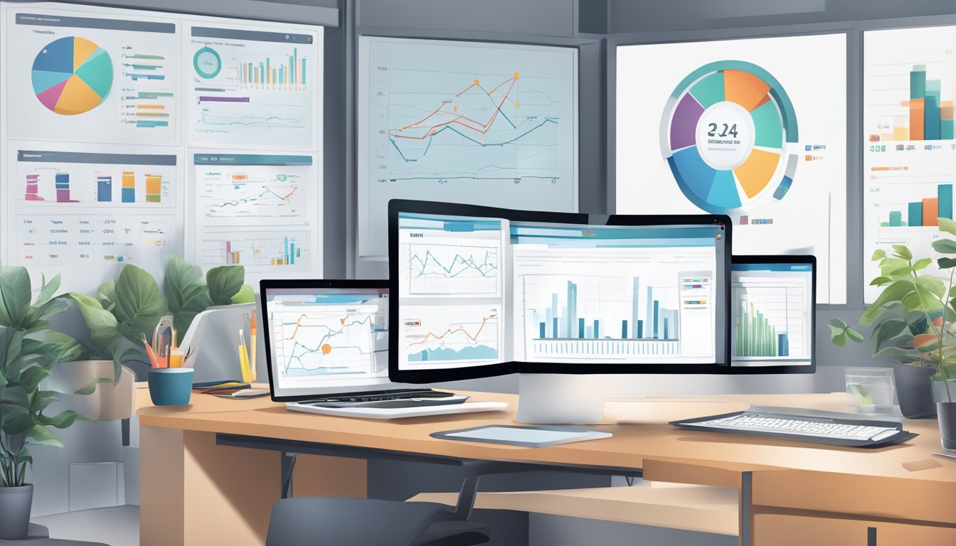 A bustling office with digital marketing materials on display, a
computer screen showing increasing sales graphs, and a whiteboard filled
with lead generation
strategies