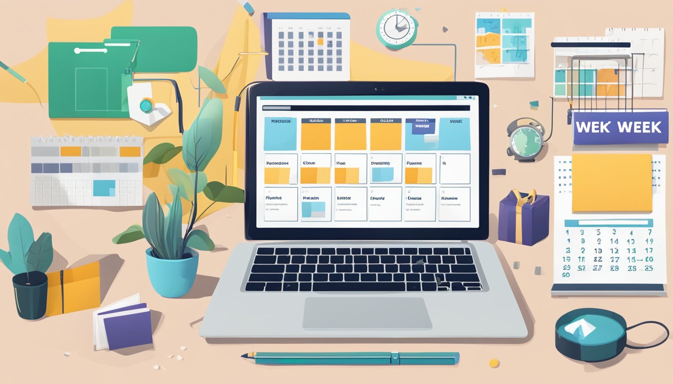 A laptop displaying digital marketing fundamentals, surrounded by
branding materials and a calendar showing one
week