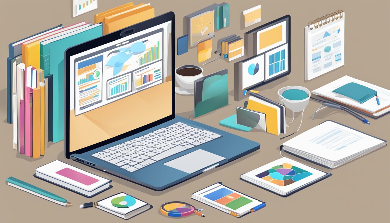 A laptop displaying digital marketing concepts, surrounded by books,
notebooks, and a whiteboard with key terms and
strategies