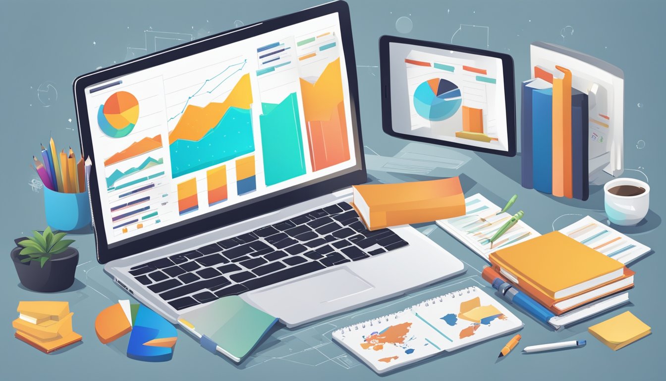 A laptop displaying digital marketing strategies with charts and
graphs, surrounded by books and a notepad filled with
notes