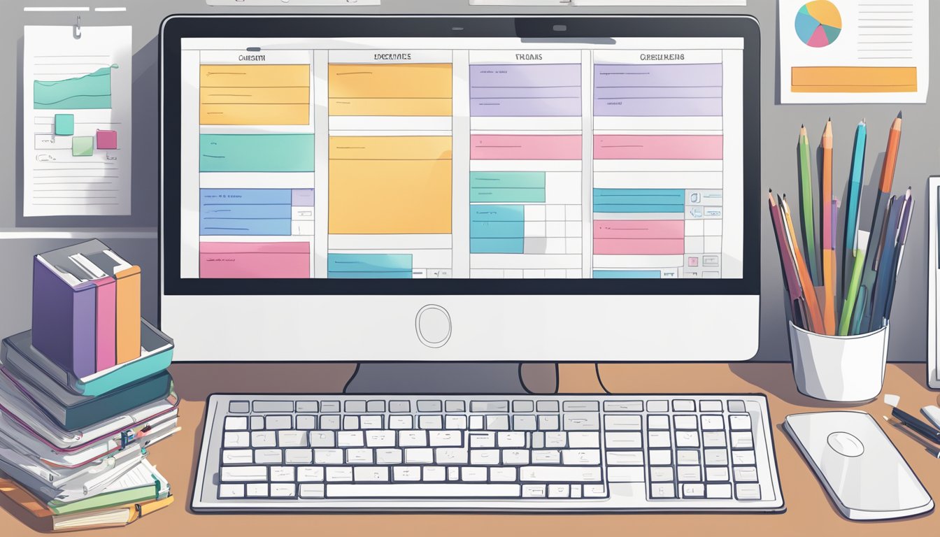 A computer with various digital marketing tools and resources laid out
on a desk, surrounded by notebooks and pens for note-taking. A calendar
on the wall displays the week’s
schedule