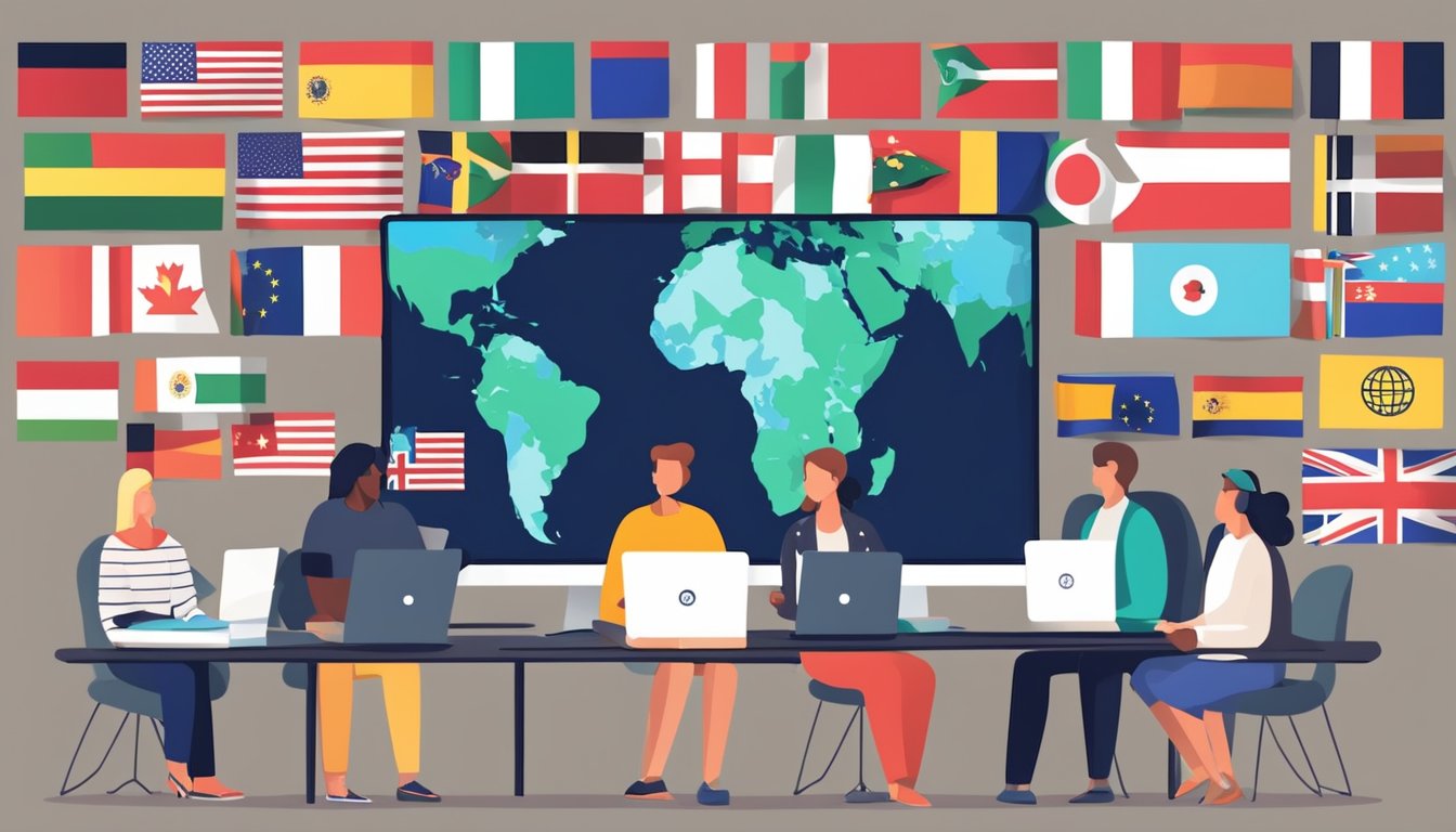 People from different countries chat online, practicing languages with
native speakers. Flags and globe symbolize global
connection