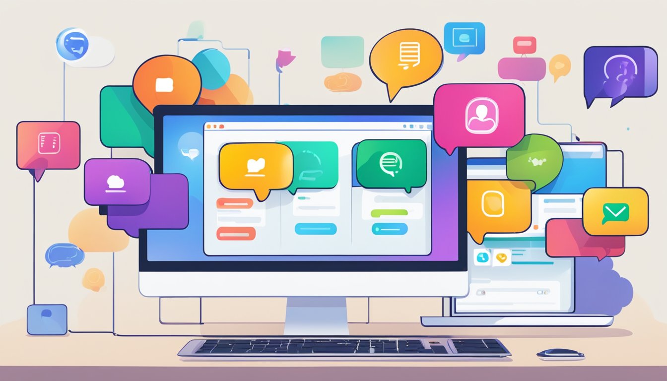 A computer screen displays a variety of language exchange platforms,
with colorful logos and chat bubbles representing conversations between
users. Progress bars show the growth of online programs over
time