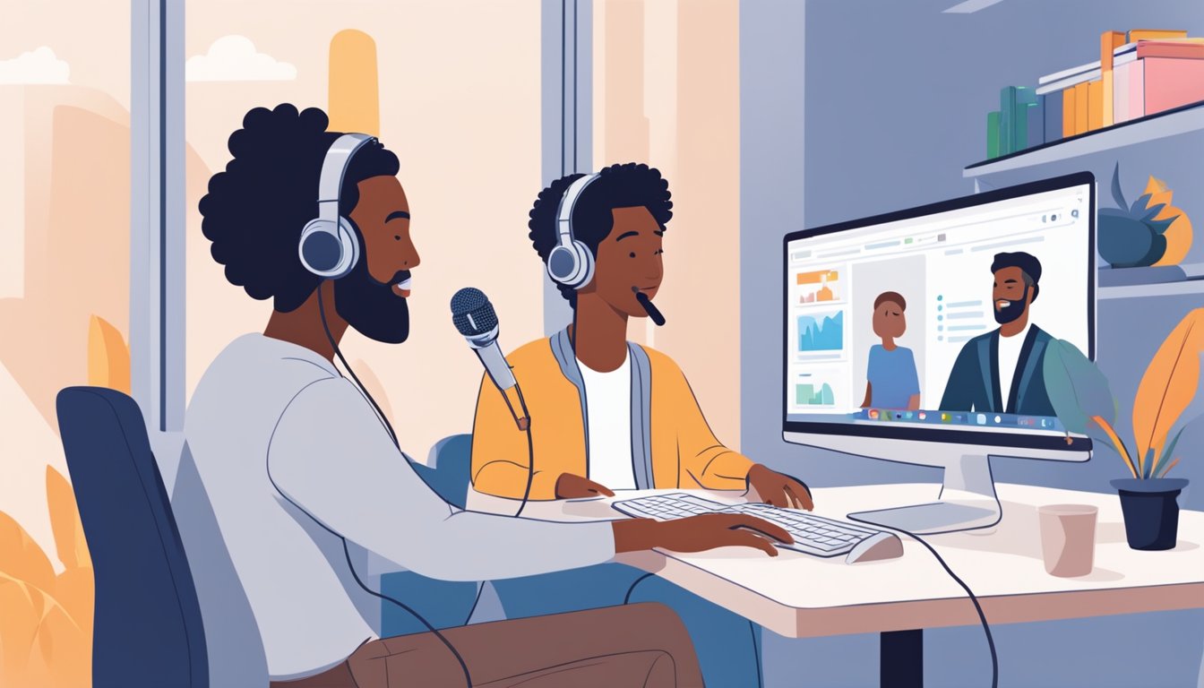 Two people sit at computers, each speaking into a microphone. On the
screen, a language exchange platform connects them with native speakers
for
practice
