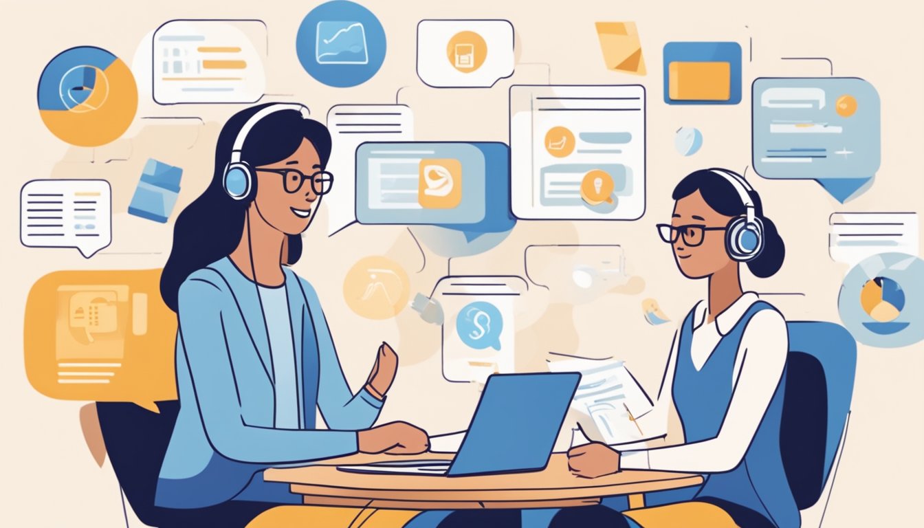 Two people engage in language exchange online, speaking and listening
attentively. Screens display various languages being practiced. Books
and notes surround
them
