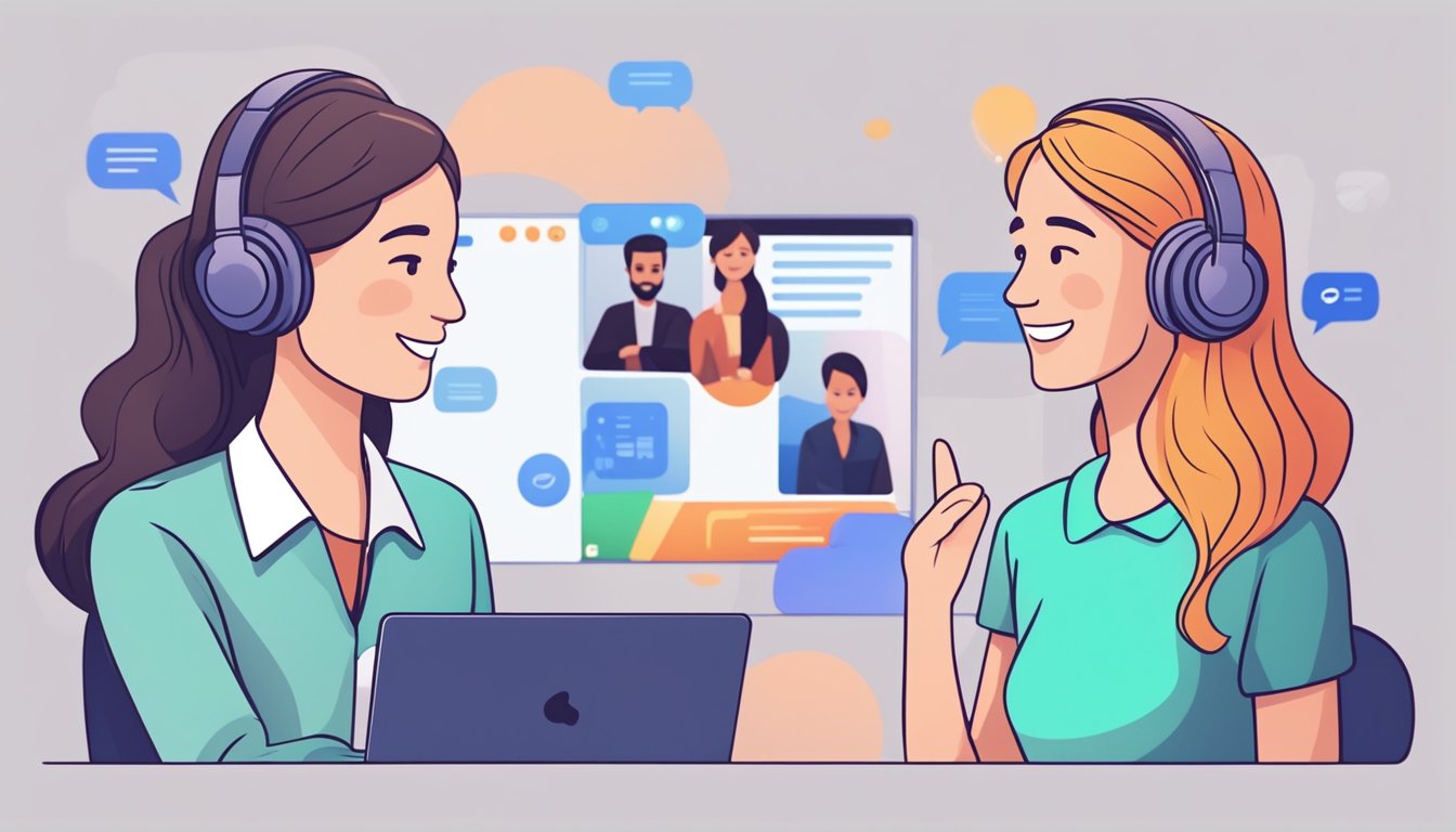Two people conversing in different languages through video call,
exchanging words and practicing pronunciation. Online platform interface
visible in the
background