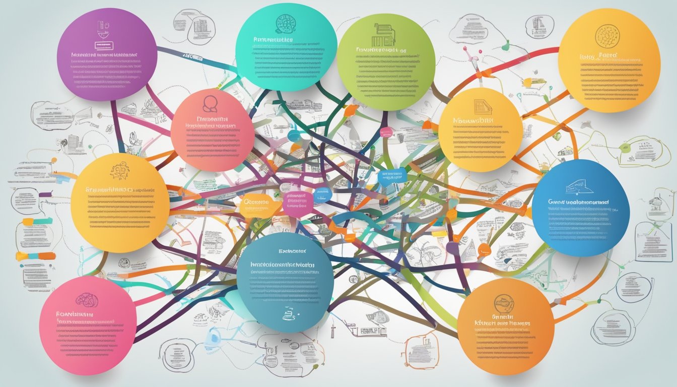 A colorful mind map with interconnected branches and vibrant images,
surrounded by words and phrases related to creative thinking and
knowledge
retention