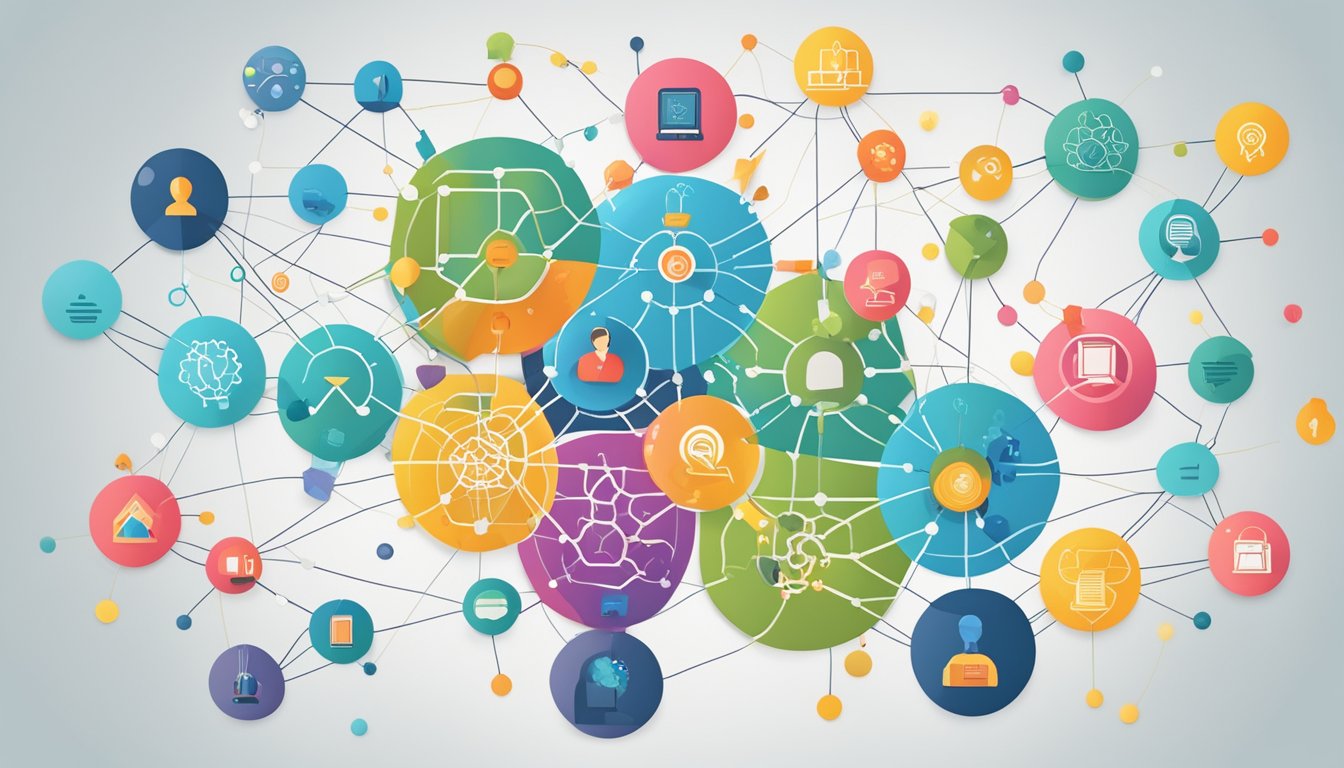 A digital mind map with interconnected nodes and vibrant colors,
surrounded by icons representing creativity and
knowledge