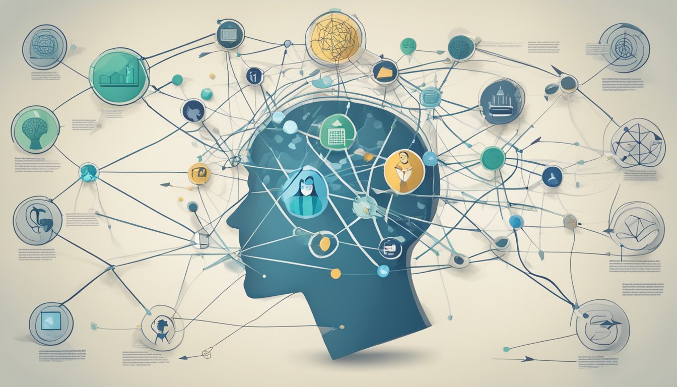 A person’s mind is depicted as a tangled web of thoughts and ideas,
with arrows pointing towards a clear and organized mind map, symbolizing
the impact of mind mapping on creative thinking and knowledge
retention