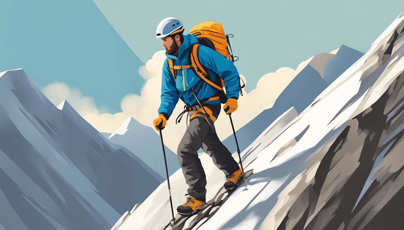 A mountain climber carefully placing one foot in front of the other,
slowly ascending a steep
slope
